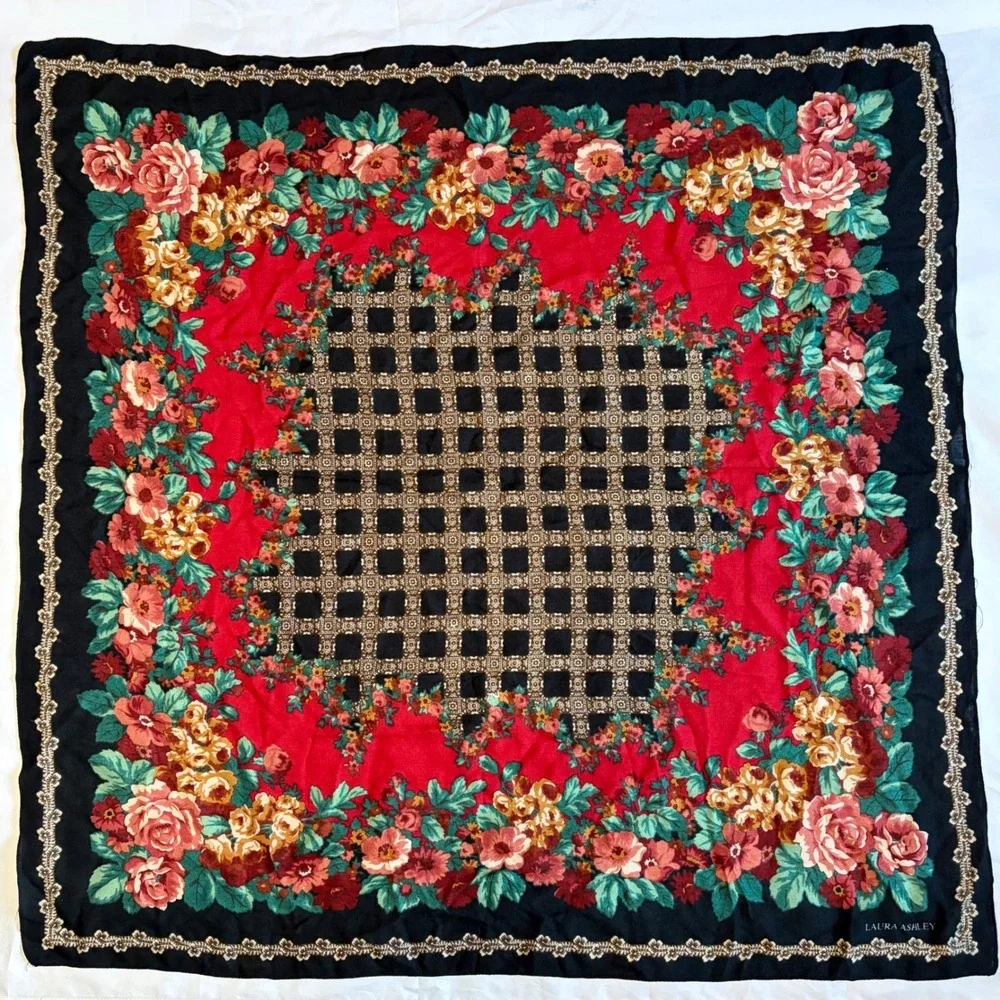Vintage Laura Ashley‎ Silk Floral Scarf Black Red Rose Square Whimsigoth 32x32